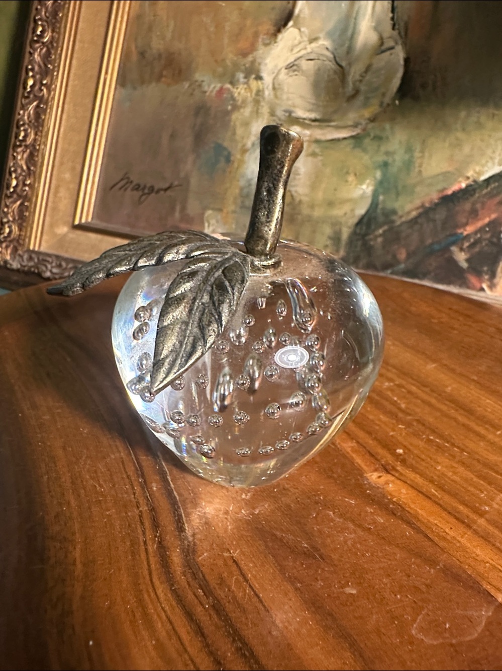 Clear Glass Apple Sculpture with brassy metal Stem and Leaves - paper weight